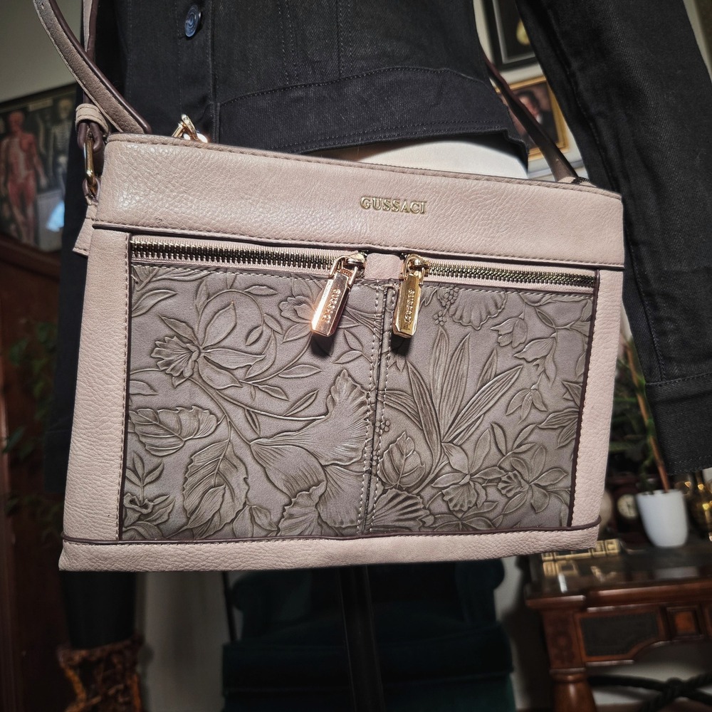Gussaci Taupe‎ Floral Embossed Crossbody Bag Gold Hardware Faux Leather Purse